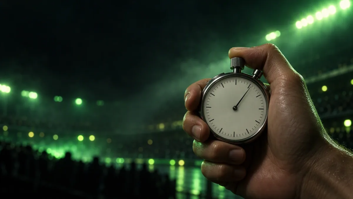 Hand holding a classic analog stopwatch with tick marks and no numerals, blurred arena lights behind