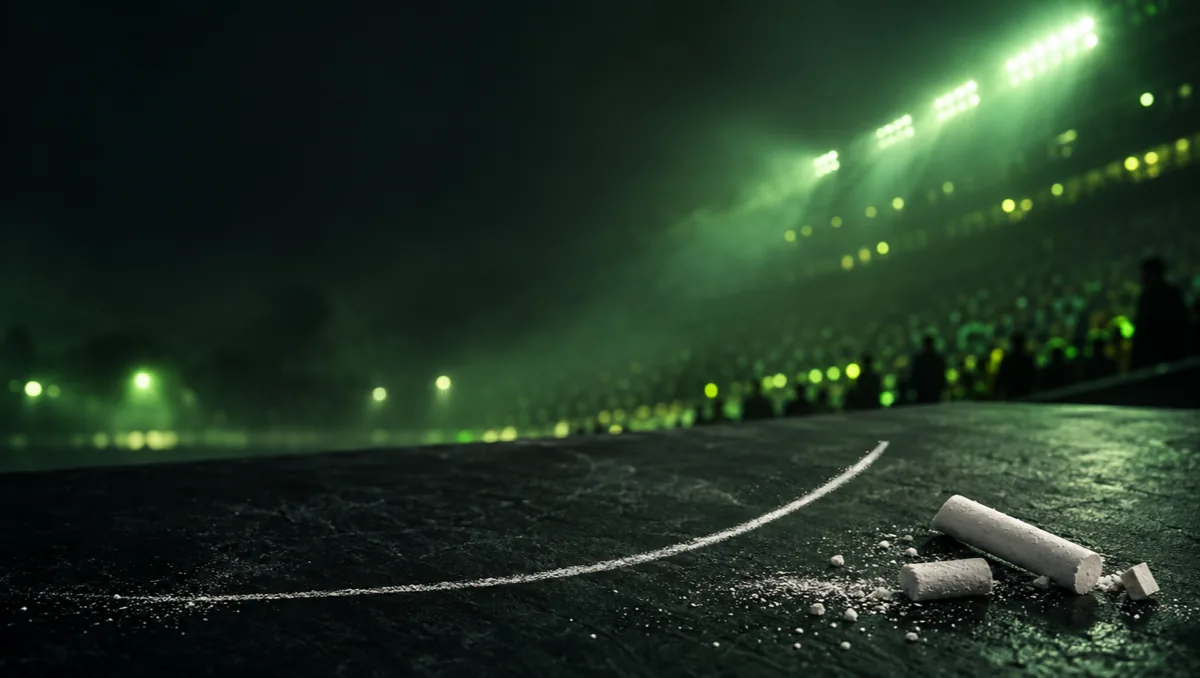 White chalk sticks and dust on dark slate, a hand-drawn rising chalk curve, blurred stadium behind