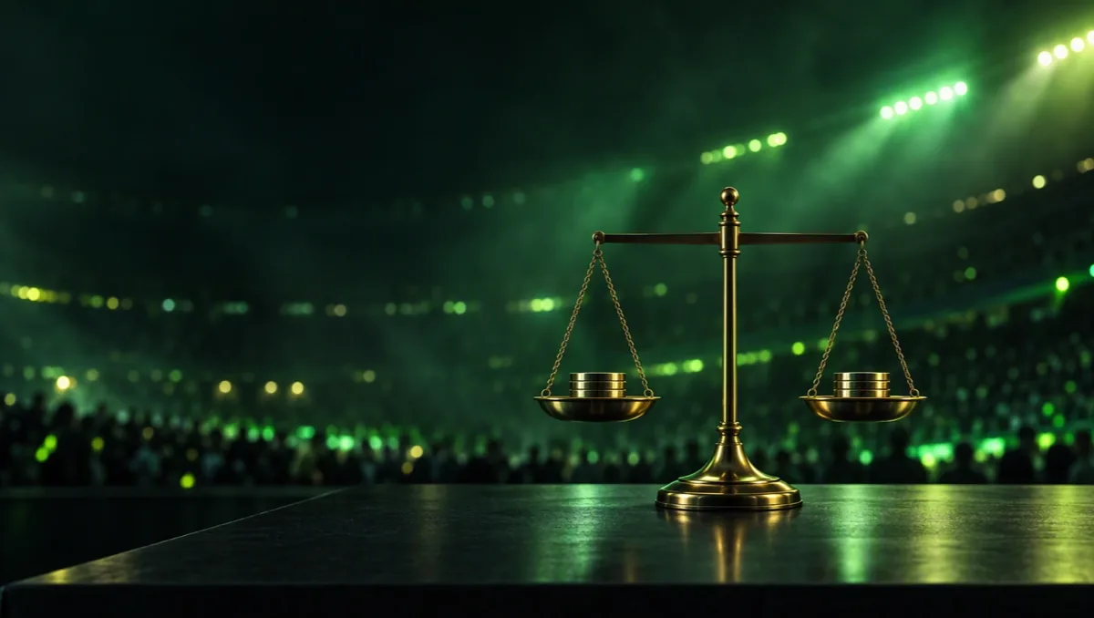 Brass balance scale with two pans holding blank tokens, perfectly level, on a dark table before blurred arena lights