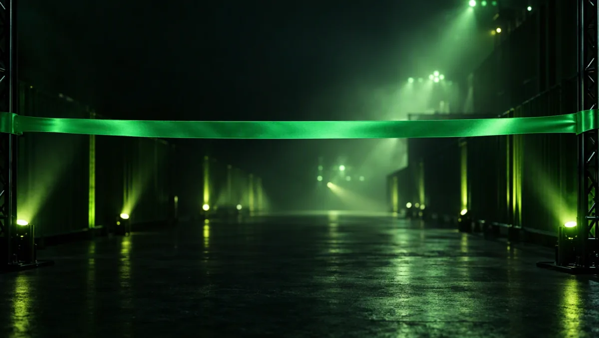 Green finish tape stretched at chest height across a dark corridor lined with lights, nobody in frame
