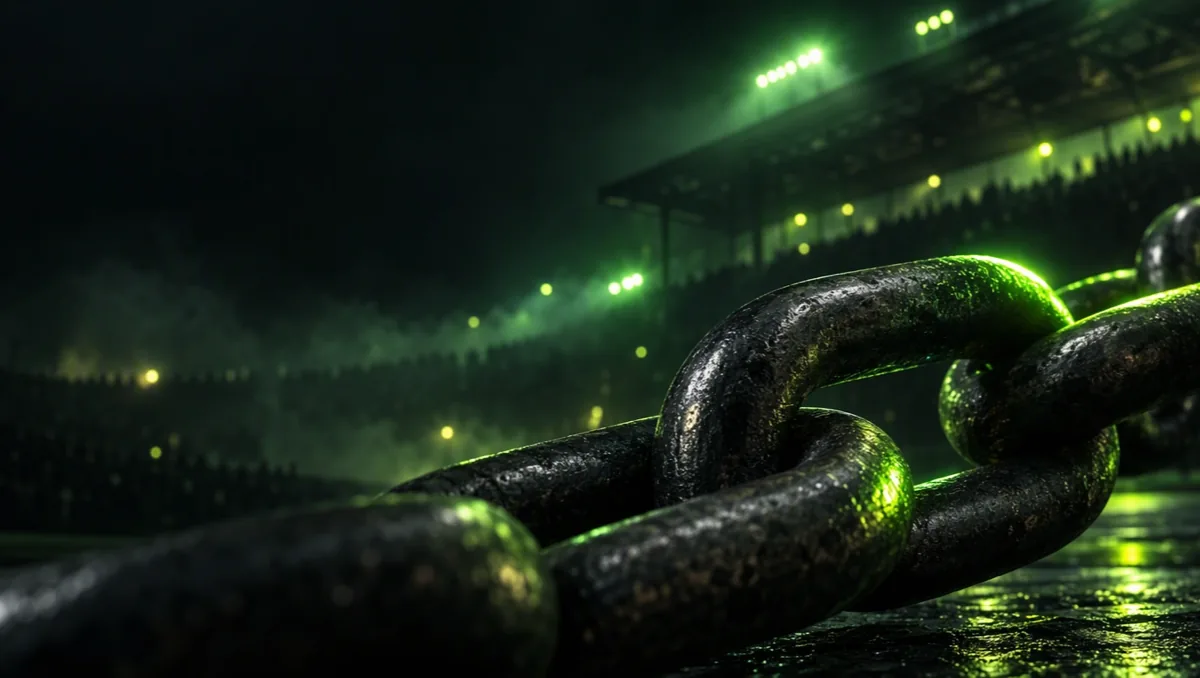 Macro view of heavy steel chain links, one catching a neon green rim light, blurred stands behind