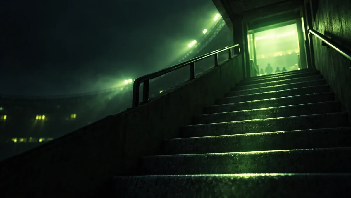 Marches de béton d'un stade montant vers une sortie baignée de lumière verte, arêtes des marches éclairées