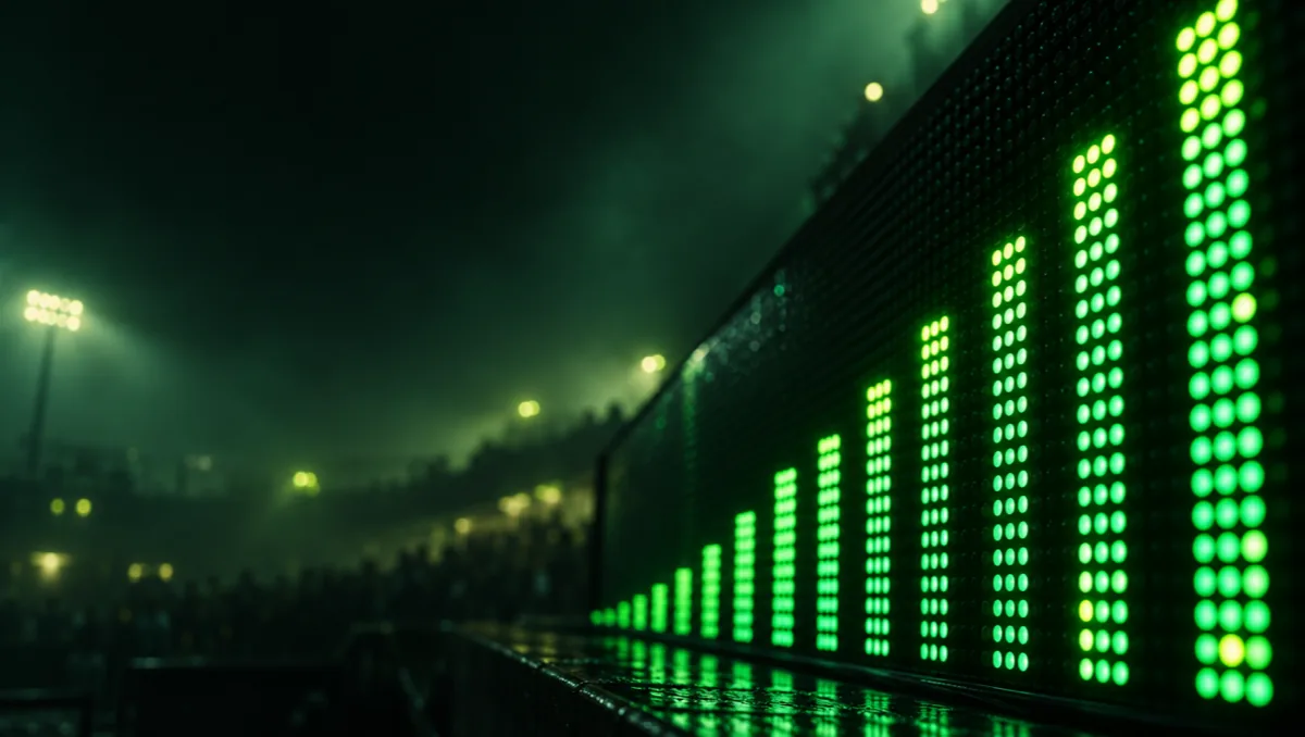 Dot-matrix light board seen at an angle, abstract rising bars of green dots on black, hazy stadium behind