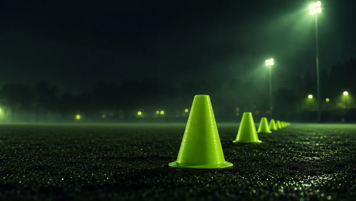 Ligne de plots d'entraînement vert vif sur gazon sombre, fuyant sous les projecteurs, netteté sur le premier