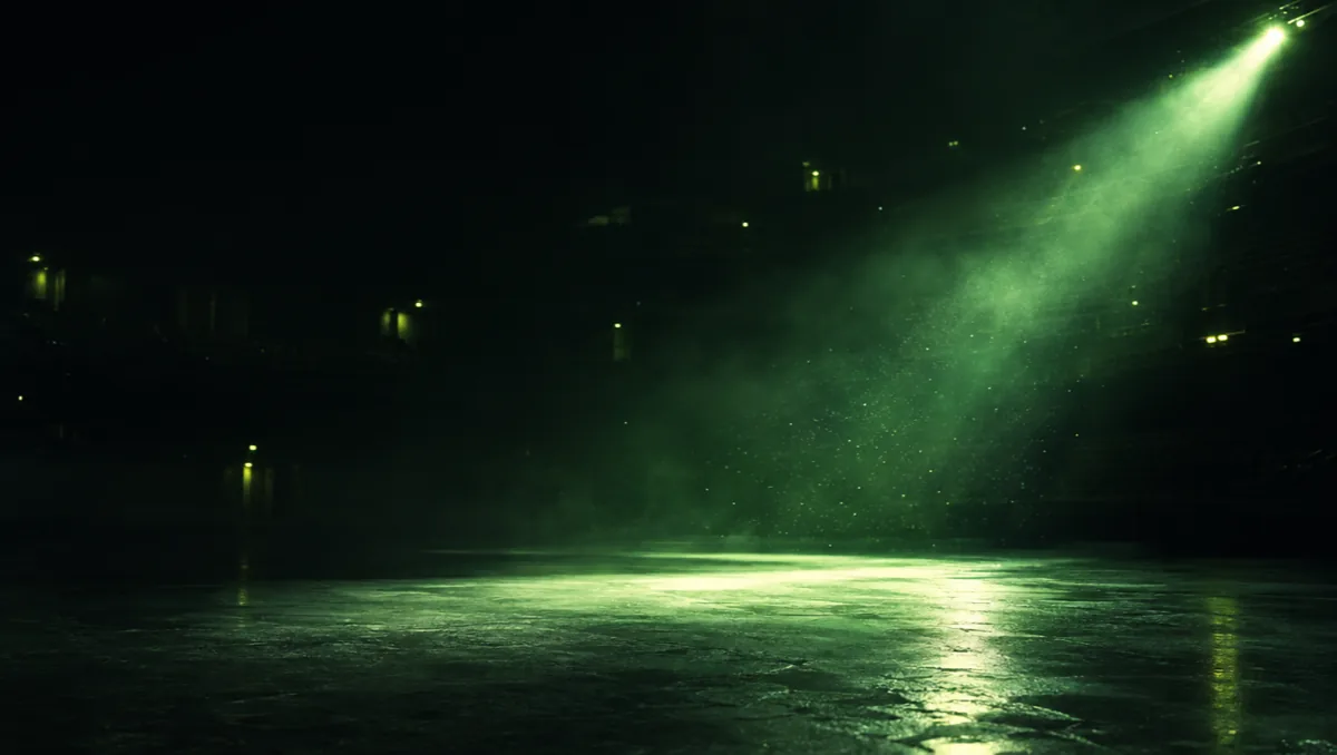 Faisceau de projecteur vert balayant le sol d'une arène sombre, poussière scintillante dans la lumière