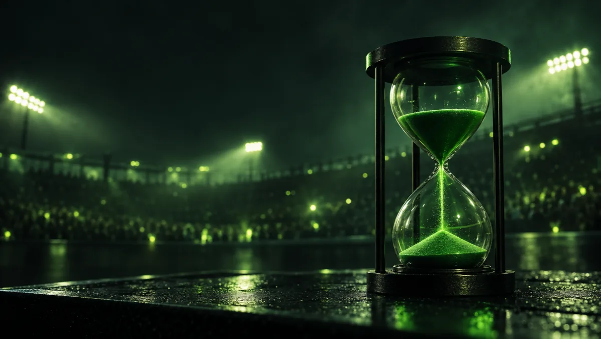 Hourglass with glowing green sand running, set on a dark surface, stadium floodlights blurred in the background