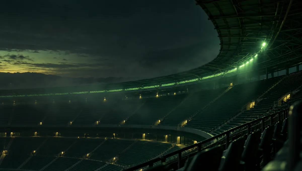 Empty stadium at dawn, soft cool light, thin mist over the stands, a single band of green light still on