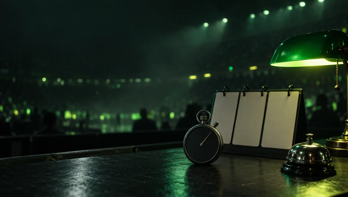Scorer table at the edge of an arena: desk bell, stopwatch without numerals, blank flip cards, small green lamp