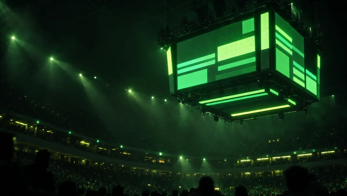 Large green LED scoreboard hanging high in a dark arena, abstract lit blocks only, light beams cutting through haze