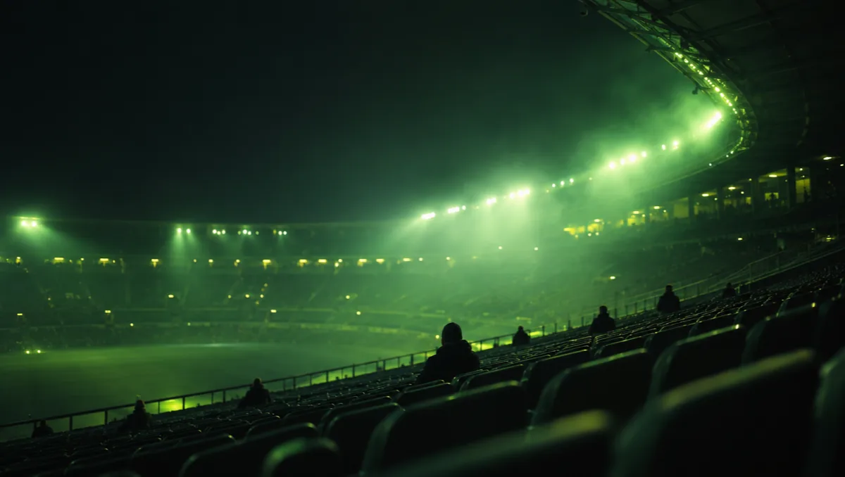Stadium stand at night with a few scattered spectators seen from behind among many empty seats, green haze