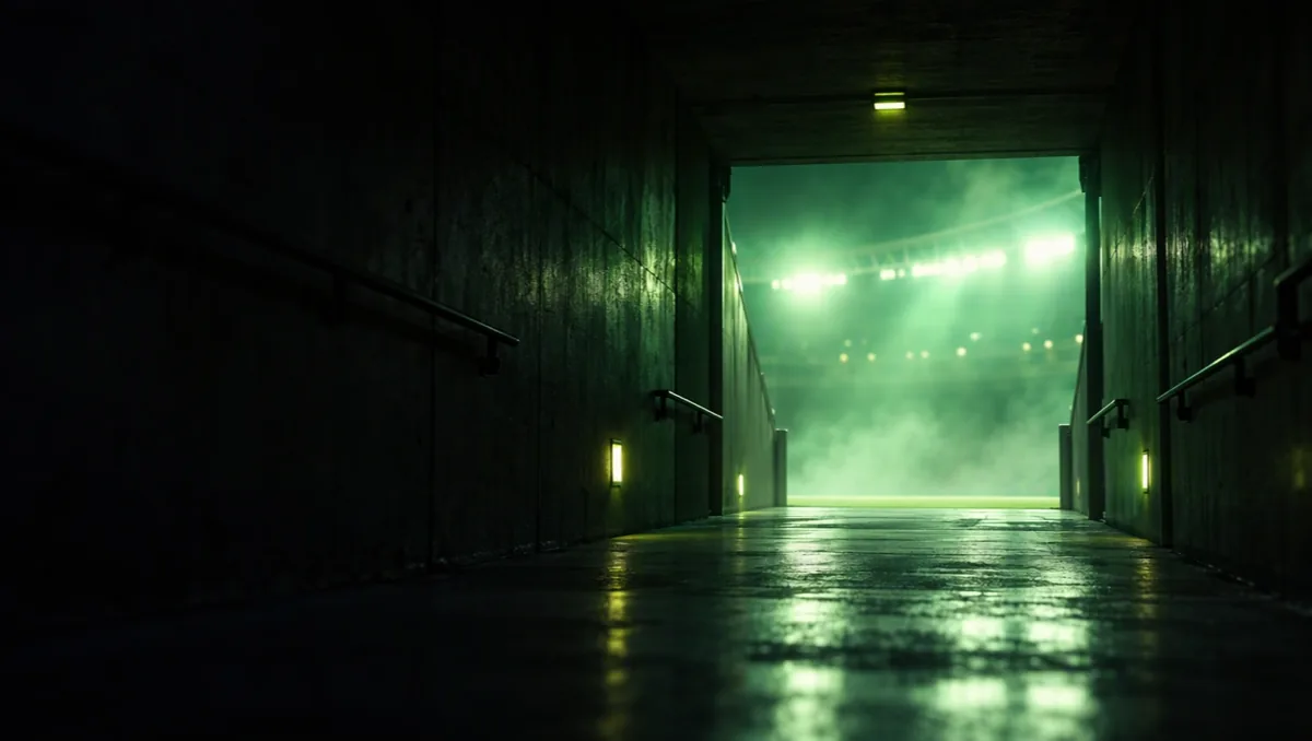 Players tunnel seen from inside, dark walls, bright green-white arena light at the far end, wet floor
